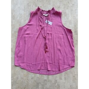 LOFT Sleeveless Tassel Tie Front Ruffle Smocked Collar Pink Blouse Top Sz XL NWT